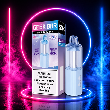 Geek Bar Mate Replacement Pod 60K Puffs Blue Razz Ice with premium neon pink and blue background available at Pink Smoke Shop.