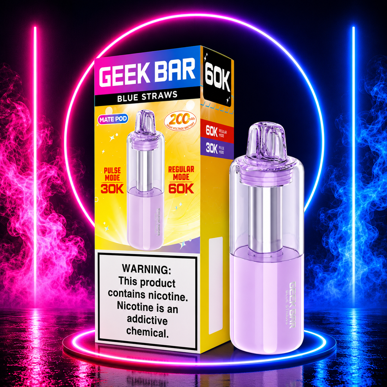 Geek Bar Mate Replacement Pod 60K Puffs Blue Straws with premium neon pink and blue background available at Pink Smoke Shop.