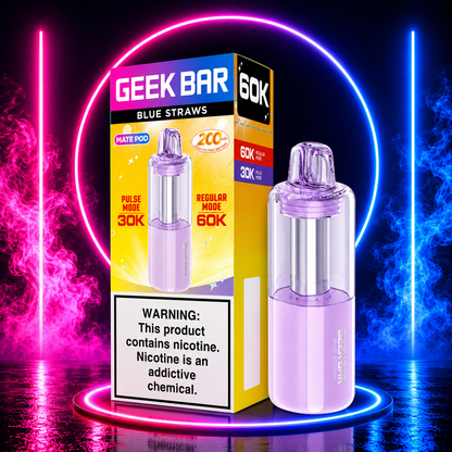 Geek Bar Mate Replacement Pod 60K Puffs Blue Straws with premium neon pink and blue background available at Pink Smoke Shop.