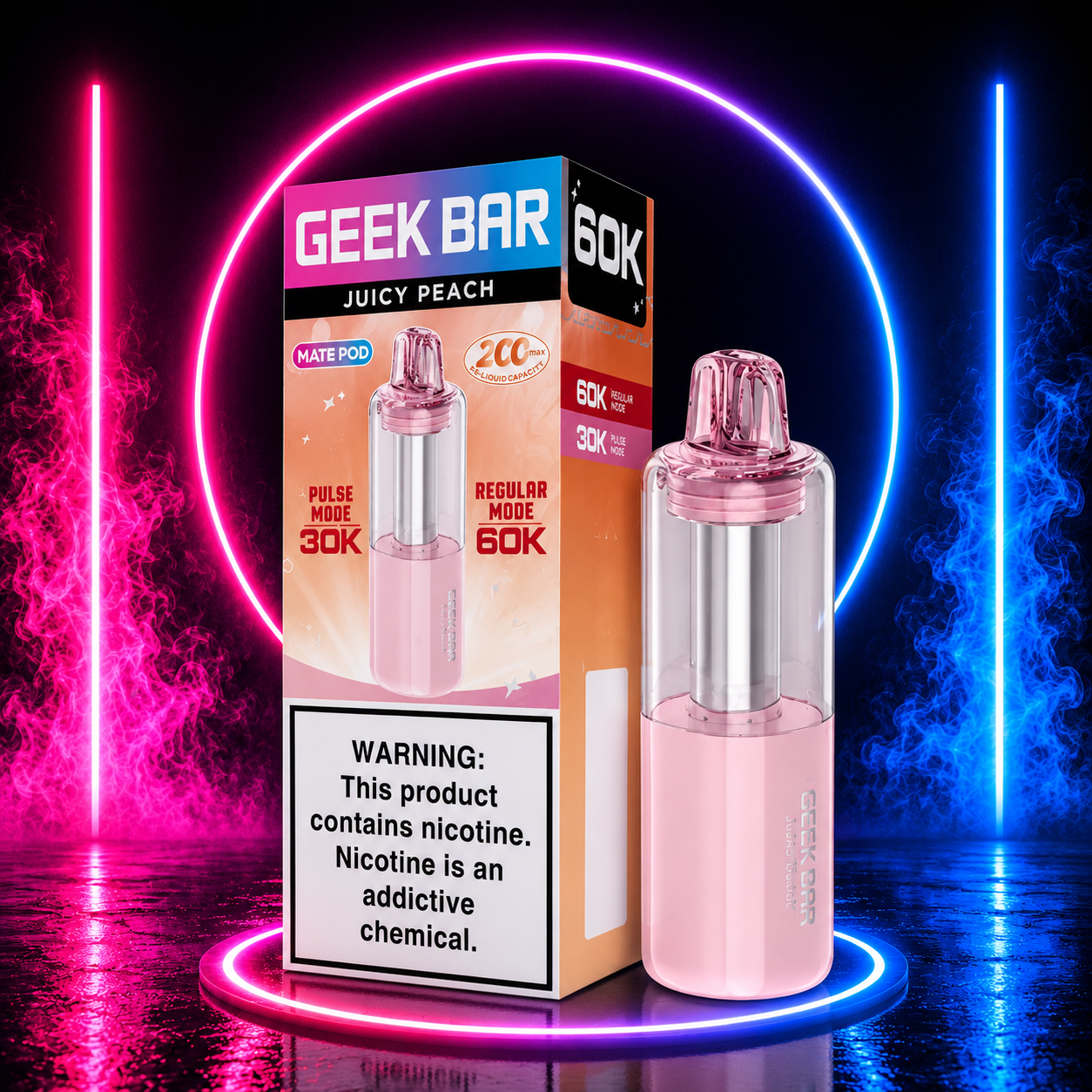 Geek Bar Mate Replacement Pod 60K Puffs Juicy Peach with premium neon pink and blue background available at Pink Smoke Shop.