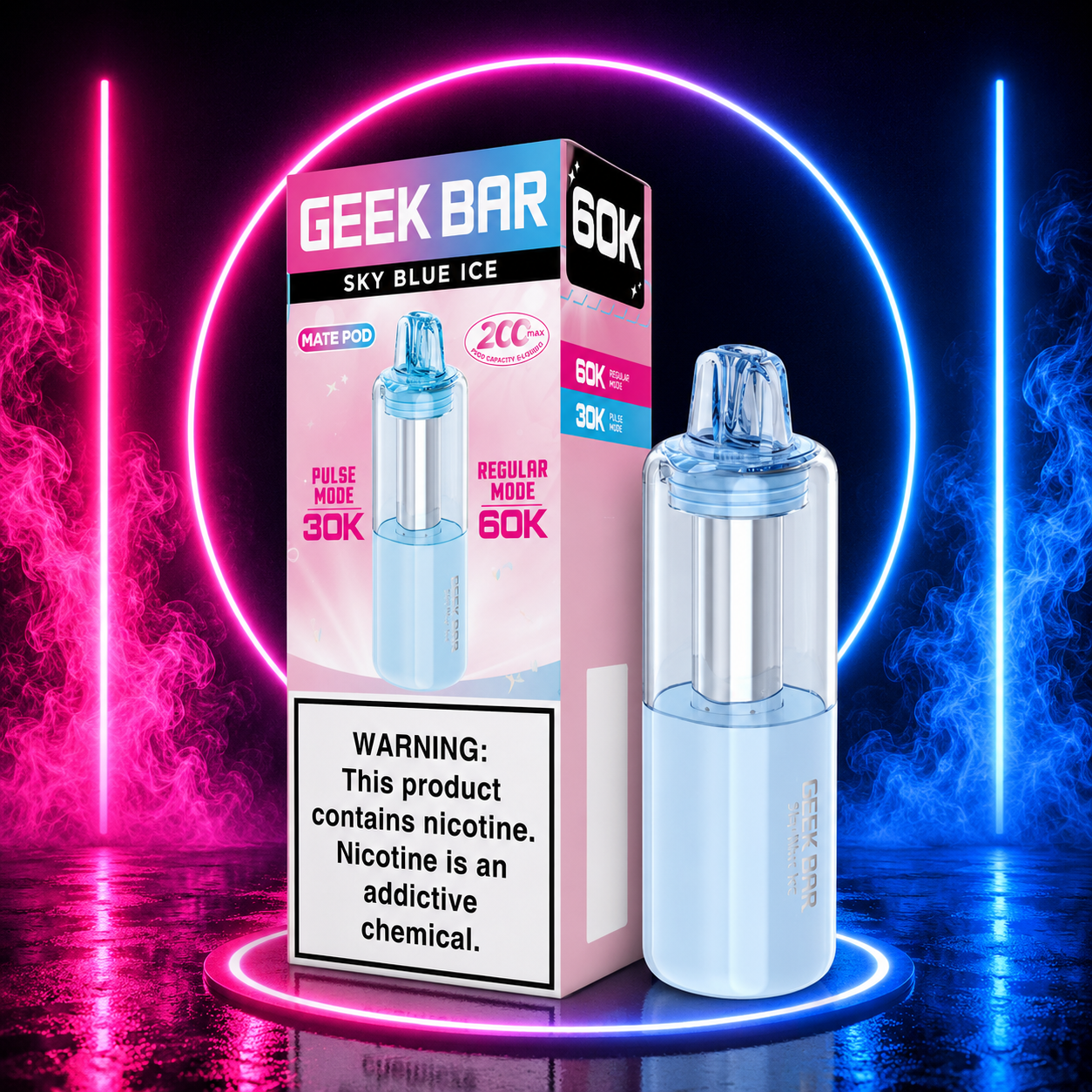 Geek Bar Mate Replacement Pod 60K Puffs Sky Blue Ice with premium neon pink and blue background available at Pink Smoke Shop.