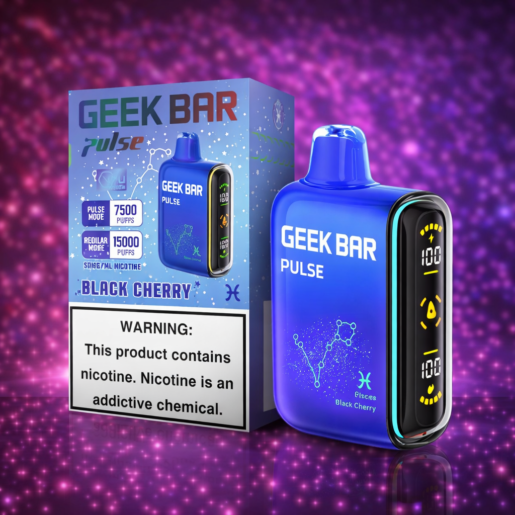 Geek Bar Pulse Black Cherry disposable vape 15000 puffs with rich cherry flavor and smart screen display