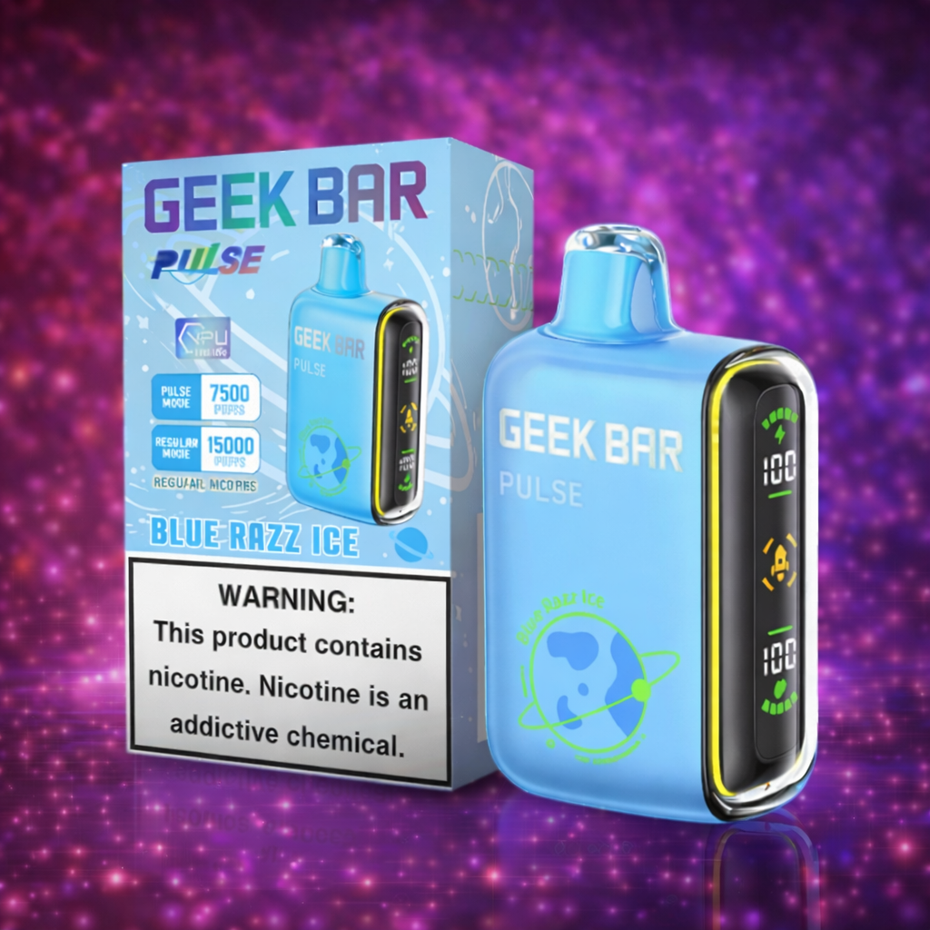 Geek Bar Pulse Blue Razz Ice disposable vape 15000 puffs rechargeable device with digital display and icy blue raspberry flavor