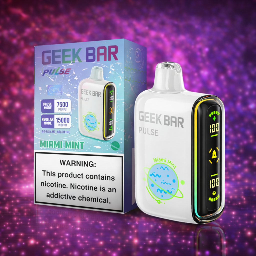 Geek Bar Pulse Miami Mint disposable vape 15000 puffs with cooling mint flavor and digital battery display