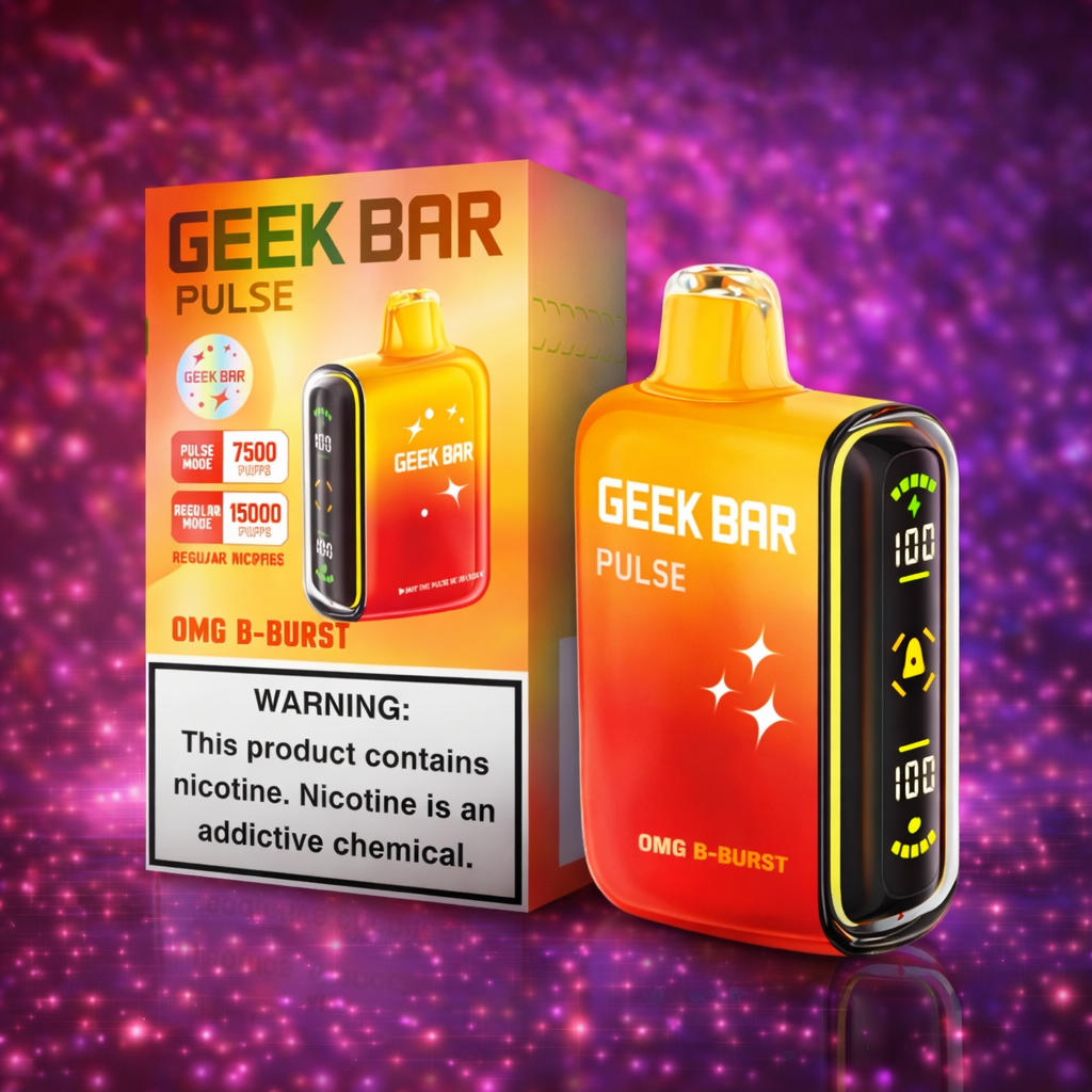 Geek Bar Pulse OMG B-Burst disposable vape 15000 puffs with bold fruity burst flavor and LED screen