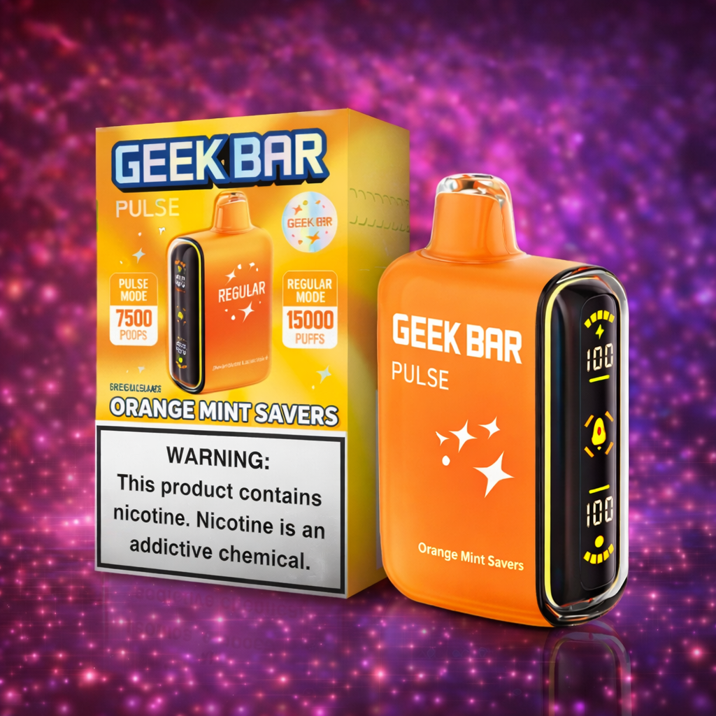 Geek Bar Pulse Orange Mint Savers disposable vape 15000 puffs with dual mode display and fresh citrus mint flavor