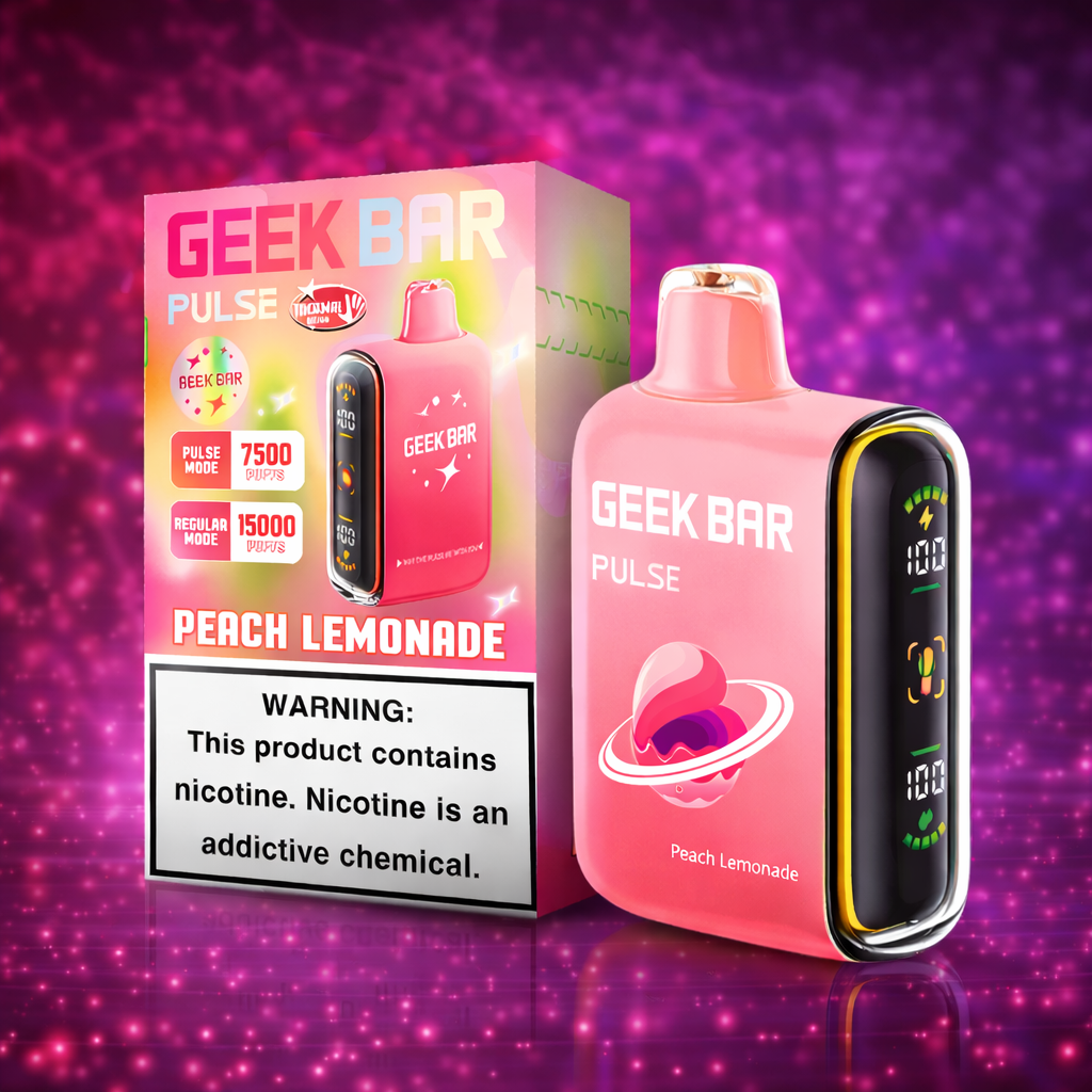 Geek Bar Pulse Peach Lemonade disposable vape 15000 puffs with sweet peach and citrus lemonade flavor and smart display