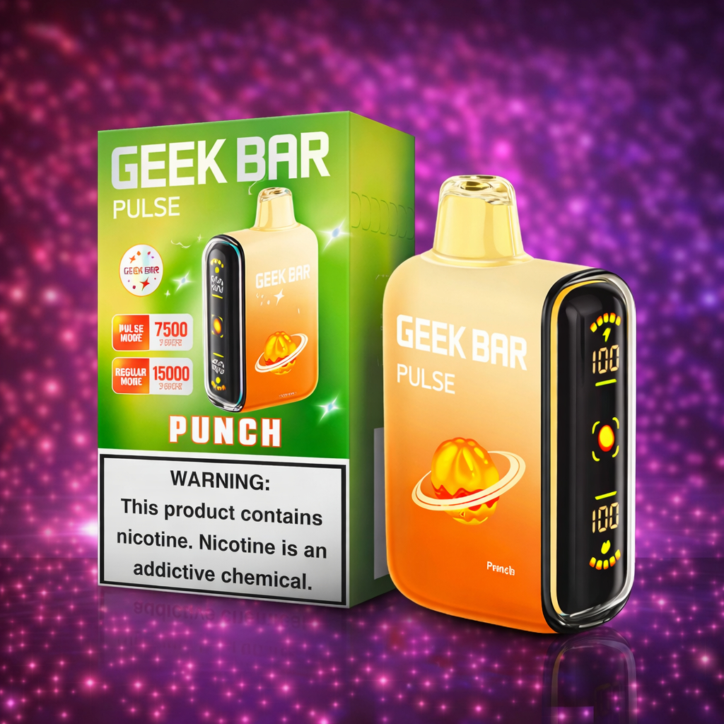 Geek Bar Pulse Punch disposable vape 15000 puffs with tropical fruit punch flavor and smart LED display