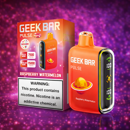 Geek Bar Pulse Raspberry Watermelon disposable vape 15000 puffs long lasting rechargeable vape with smart screen and fruity flavor