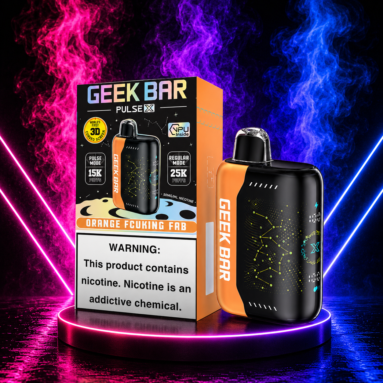 Geek Bar Pulse X Orange Fcuking Fab disposable vape 25000 puffs with pink neon background