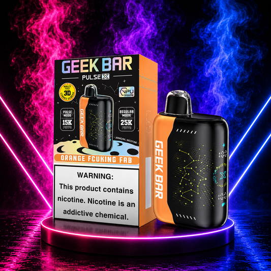 Geek Bar Pulse X Orange Fcuking Fab disposable vape 25000 puffs with pink neon background