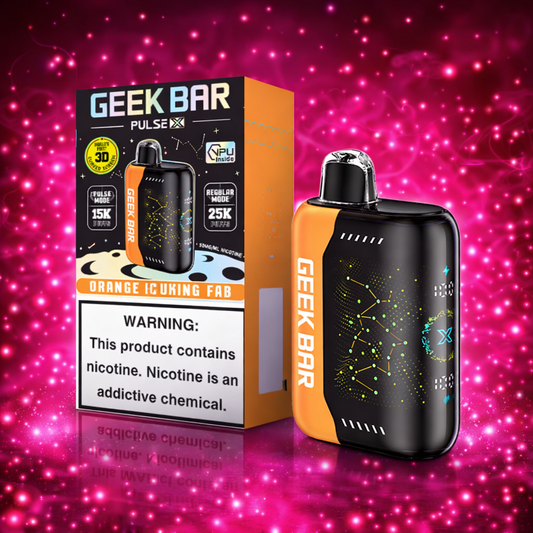 Geek Bar Pulse X Orange Fcuking Fab disposable vape 25000 puffs with pink neon background
