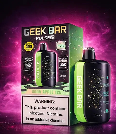 Geek Bar Pulse X Sour Apple Ice Disposable Vape with retail box on neon pink background