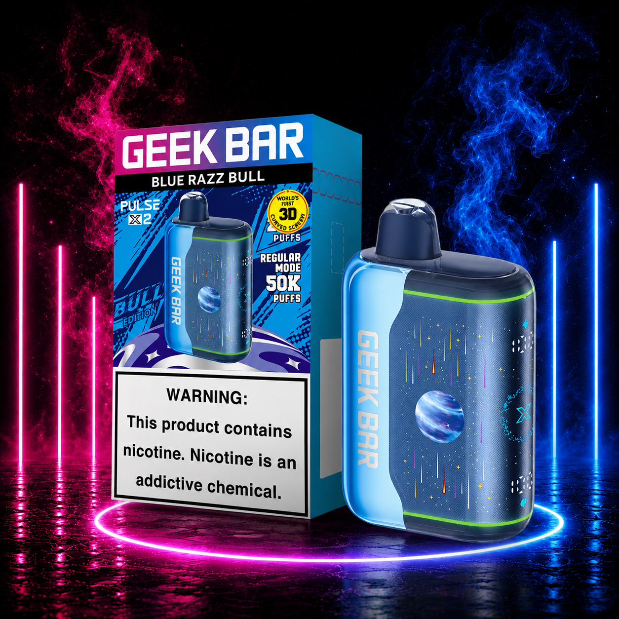 Geek Bar Pulse X2 Blue Razz Bull disposable vape with retail packaging, up to 50,000 puffs, rechargeable 1000mAh battery, Dual 0.6Ω Mesh Coil, and premium neon background available at Pink Smoke Shop.