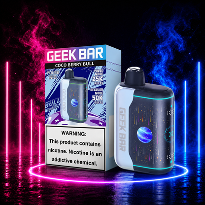 Geek Bar Pulse X2 Coco Berry Bull disposable vape with retail box, up to 50,000 puffs, 1000mAh rechargeable battery, Dual 0.6Ω Mesh Coil, premium neon product background, available at Pink Smoke Shop.