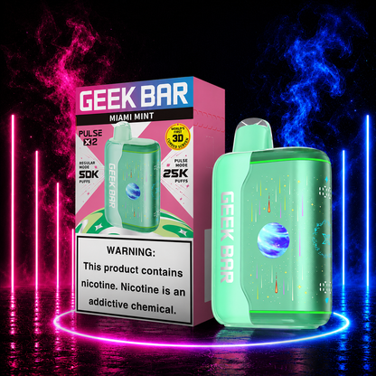 Geek Bar Pulse X2 Miami Mint disposable vape with retail packaging, featuring up to 50,000 puffs, 1000mAh rechargeable battery, 18mL e-liquid, Dual 0.6Ω Mesh Coil, and premium neon product background available at Pink Smoke Shop.