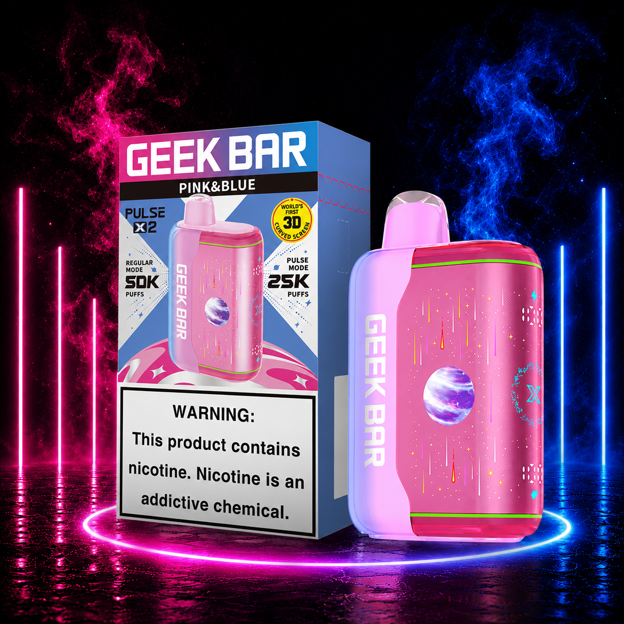 Geek Bar Pulse X2 Pink & Blue disposable vape with retail packaging, featuring up to 50,000 puffs, 1000mAh rechargeable battery, 18mL e-liquid, Dual 0.6Ω Mesh Coil, and premium neon product background available at Pink Smoke Shop.