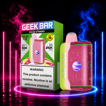 Geek Bar Pulse X2 Sour Straws disposable vape with retail packaging, featuring up to 50,000 puffs, 1000mAh rechargeable battery, 18mL e-liquid, Dual 0.6Ω Mesh Coil, and premium neon product background available at Pink Smoke Shop.