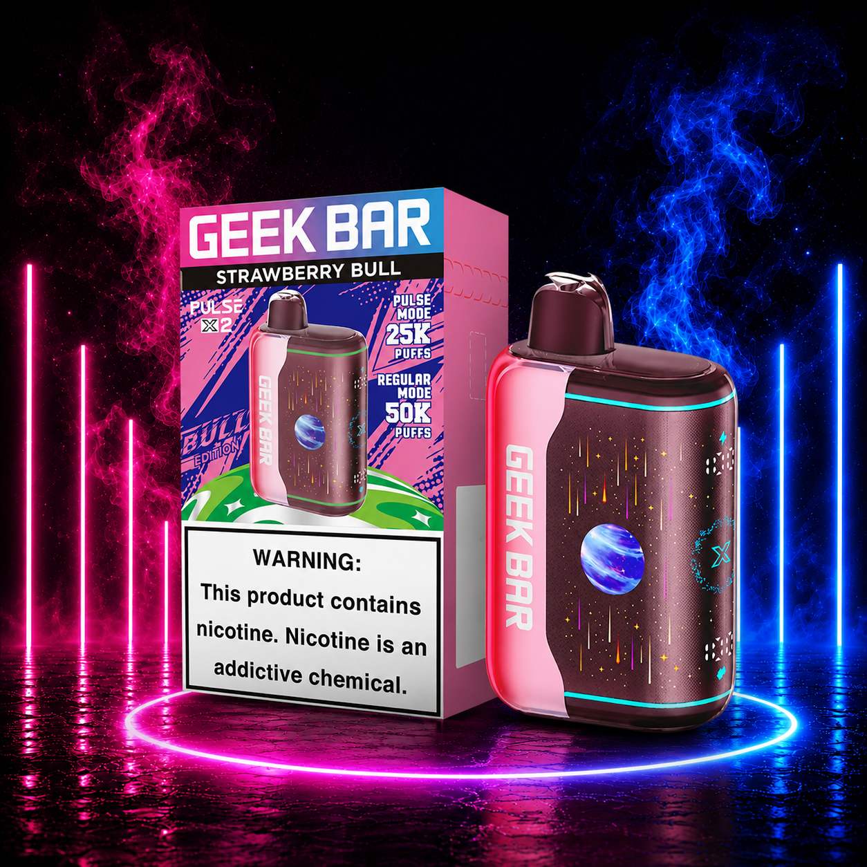 Geek Bar Pulse X2 Strawberry Bull disposable vape with retail packaging, up to 50,000 puffs, 1000mAh rechargeable battery, 18mL e-liquid, Dual 0.6Ω Mesh Coil, and premium neon background available at Pink Smoke Shop.
