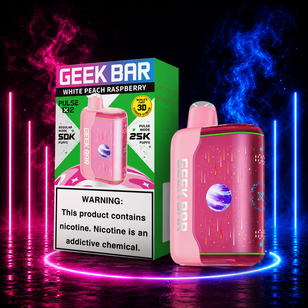 Geek Bar Pulse X2 White Peach Raspberry 50K disposable vape featuring up to 50,000 puffs, 18mL e-liquid, 1000mAh rechargeable battery, and Dual Mesh Coil technology.