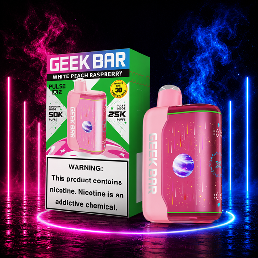 Geek Bar Pulse X2 White Peach Raspberry 50K disposable vape featuring up to 50,000 puffs, 18mL e-liquid, 1000mAh rechargeable battery, and Dual Mesh Coil technology.