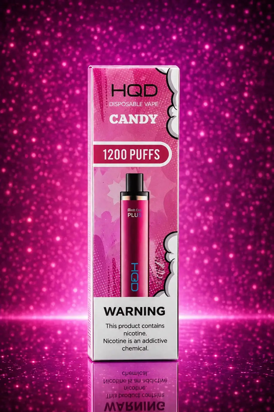 HQD Candy 1200 Puffs disposable vape with premium pink neon glitter background, high-quality product image for e-commerce featuring the original HQD Candy disposable vape packaging.