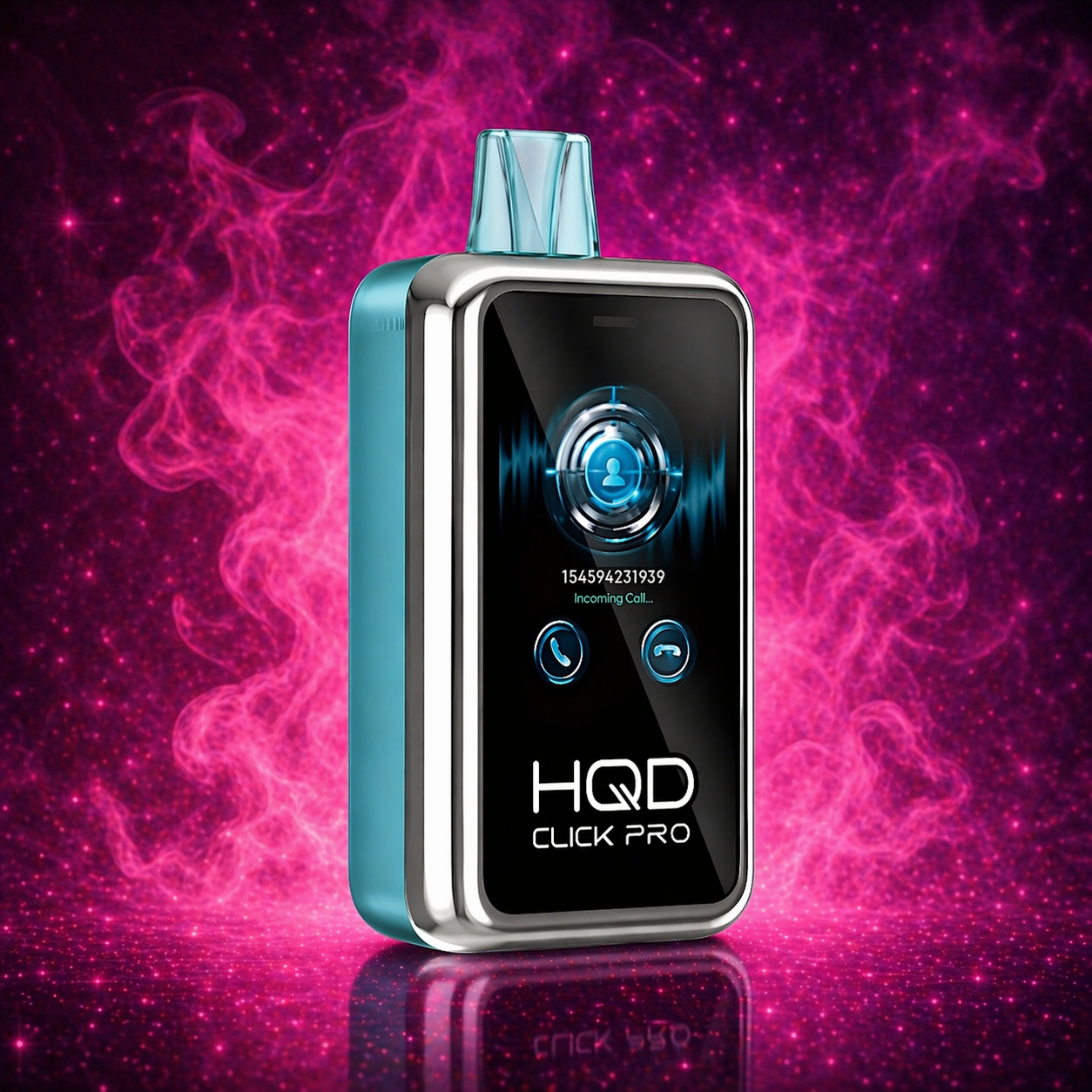 HQD Click Pro disposable vape futuristic blue device with pink neon smoke background premium design Miami