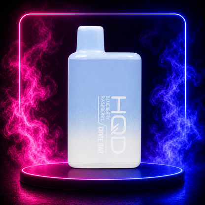 HQD Cuvie Bar Blueberry Raspberry disposable vape with neon pink and blue smoke background featuring smooth berry flavor and long-lasting performance