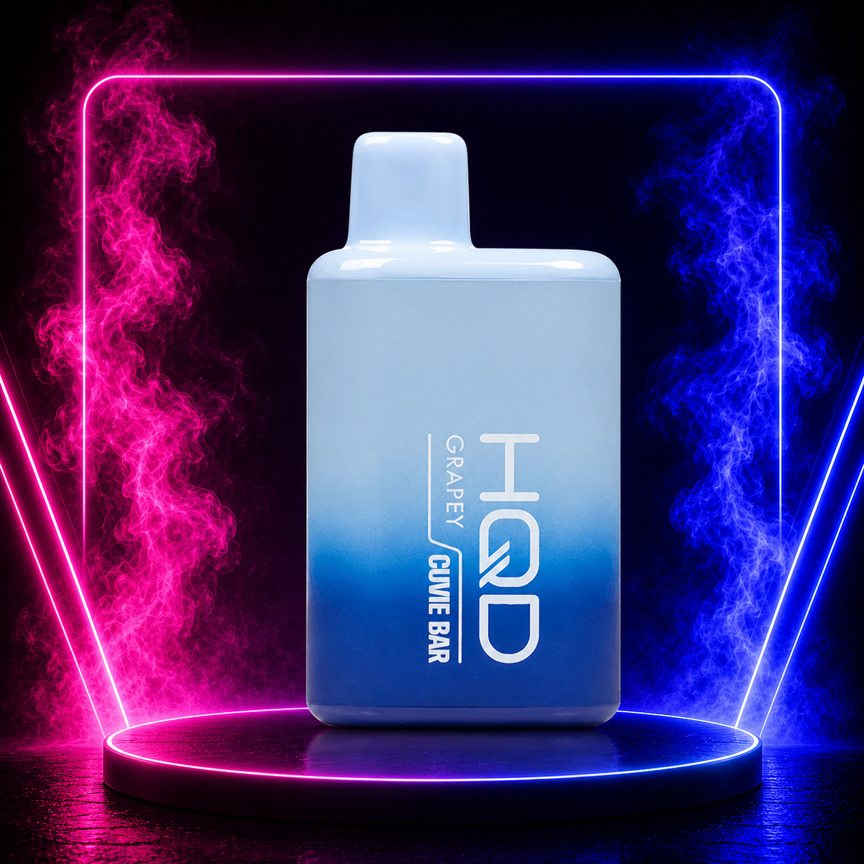 HQD Cuvie Bar 7000 Puffs Grapey disposable vape with neon pink and blue smoke background featuring sweet grape flavor and long-lasting performance