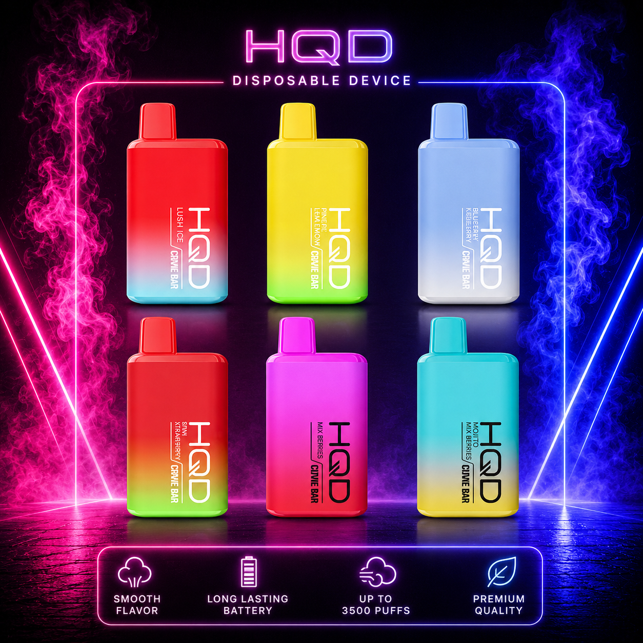 HQD Cuvie Bar all flavors disposable vape collection featuring multiple flavor options with neon pink and blue background available at Pink Smoke Shop