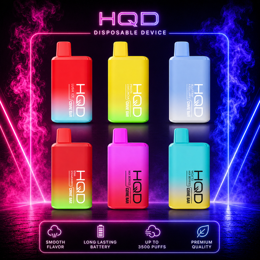 HQD Cuvie Bar all flavors disposable vape collection featuring multiple flavor options with neon pink and blue background available at Pink Smoke Shop
