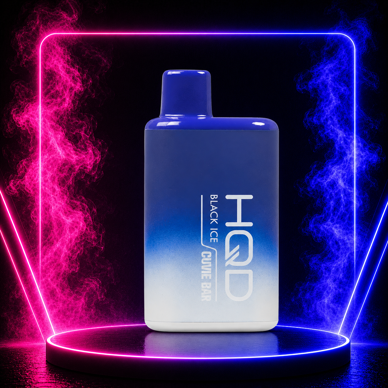 HQD Cuvie Bar Black Ice 7000 Puffs disposable vape with icy berry flavor on a neon smoke background, featuring the original blue and white device design