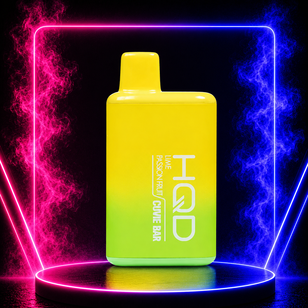 HQD Cuvie Bar Lime Passionfruit disposable vape featuring a vibrant yellow and green design with neon smoke background, tropical citrus flavor and compact disposable device.