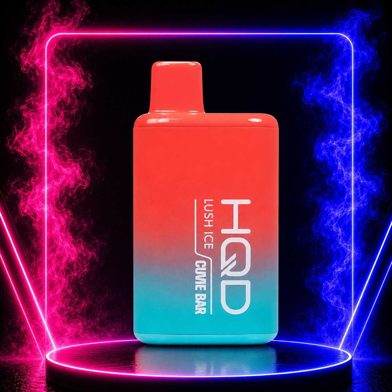 HQD Cuvie Bar Lush Ice disposable vape with red and aqua gradient design displayed on a neon smoke background, featuring a refreshing watermelon ice inspired flavor profile and compact disposable device.