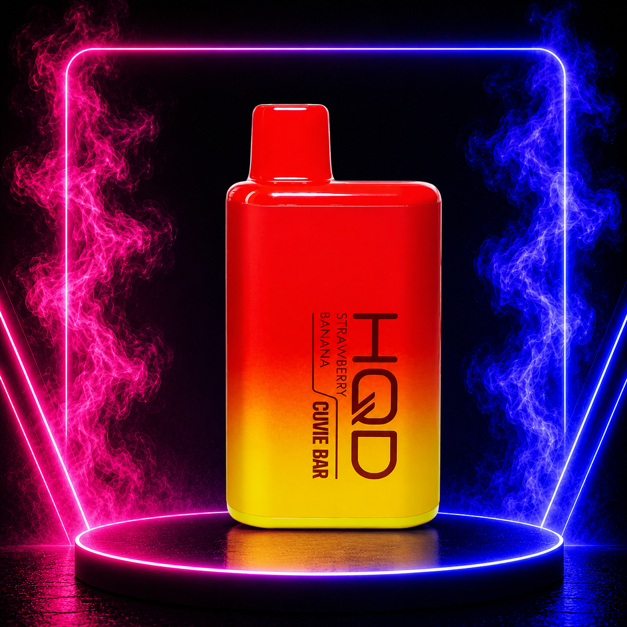 HQD Cuvie Bar Strawberry Banana 7000 Puffs Disposable Vape featuring a sweet strawberry and banana flavor blend with vibrant neon smoke background and long-lasting performance.