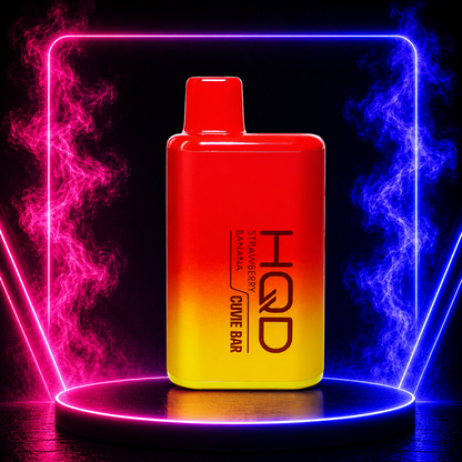 HQD Cuvie Bar Strawberry Banana 7000 Puffs Disposable Vape featuring a sweet strawberry and banana flavor blend with vibrant neon smoke background and long-lasting performance.