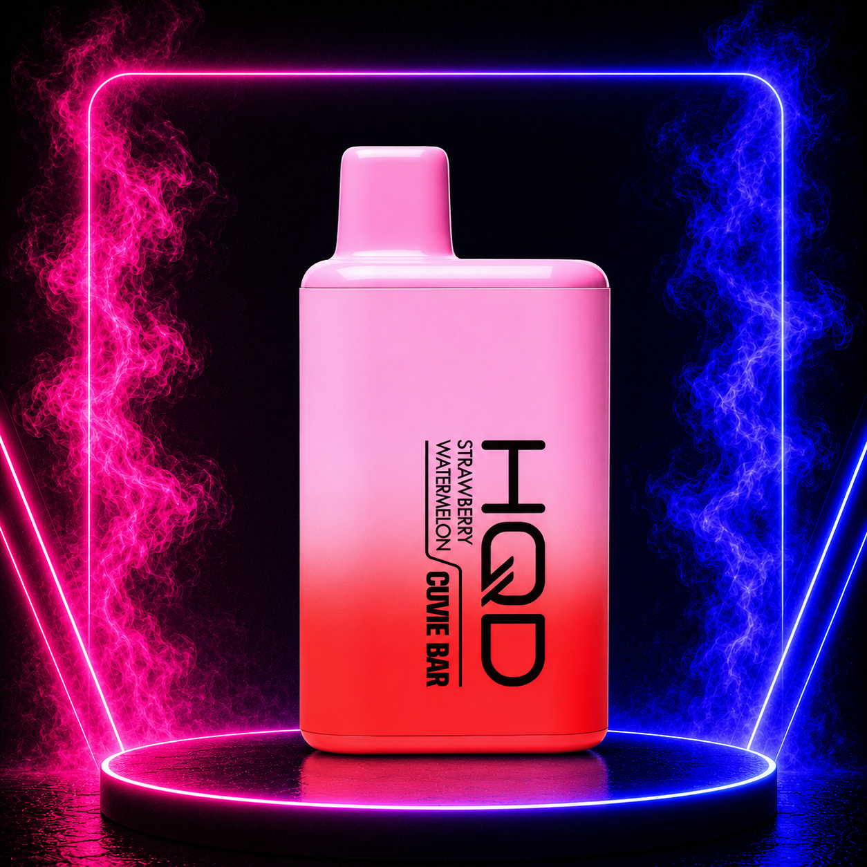 HQD Cuvie Bar Strawberry Watermelon 7000 Puffs Disposable Vape featuring sweet strawberry and juicy watermelon flavor with vibrant neon smoke background and long-lasting performance.