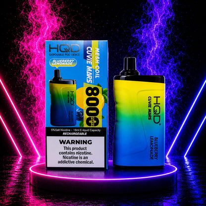 HQD Cuvie Mars 8000 Blueberry Lemonade disposable vape with rechargeable battery, mesh coil, 8000 puffs, displayed on a neon pink and blue background at Pink Smoke Shop.