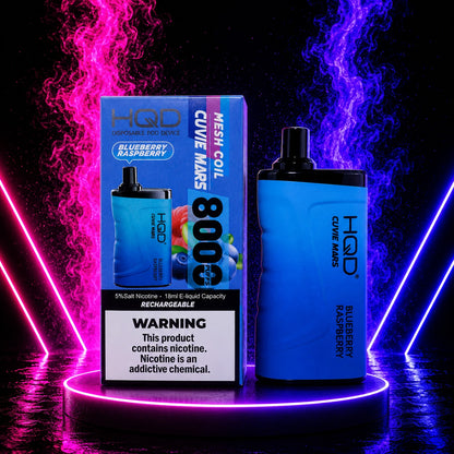 HQD Cuvie Mars 8000 Blueberry Raspberry disposable vape with rechargeable battery, mesh coil, 8000 puffs, and retail packaging displayed on a neon pink and blue background at Pink Smoke Shop.