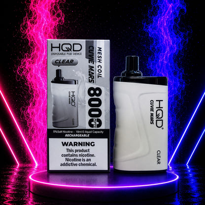 HQD Cuvie Mars 8000 Clear disposable vape with retail packaging on a premium neon pink and blue background, rechargeable 8000 puffs device.