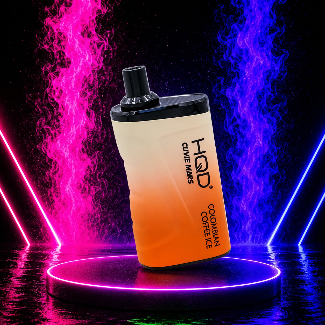 HQD Cuvie Mars 8000 Colombian Coffee Ice disposable vape with rechargeable battery, mesh coil, 8000 puffs, displayed on a neon pink and blue background at Pink Smoke Shop.
