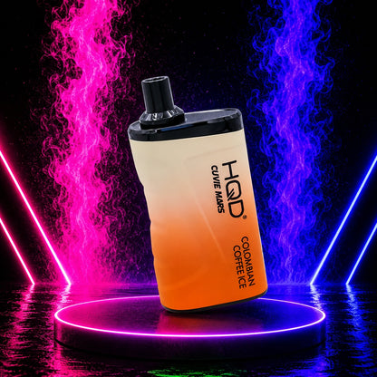 HQD Cuvie Mars 8000 Colombian Coffee Ice disposable vape with rechargeable battery, mesh coil, 8000 puffs, displayed on a neon pink and blue background at Pink Smoke Shop.