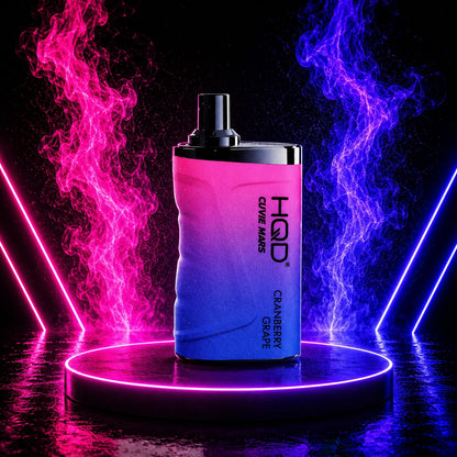 HQD Cuvie Mars 8000 Cranberry Grape disposable vape with rechargeable battery, mesh coil, 8000 puffs, displayed on a neon pink and blue background at Pink Smoke Shop.