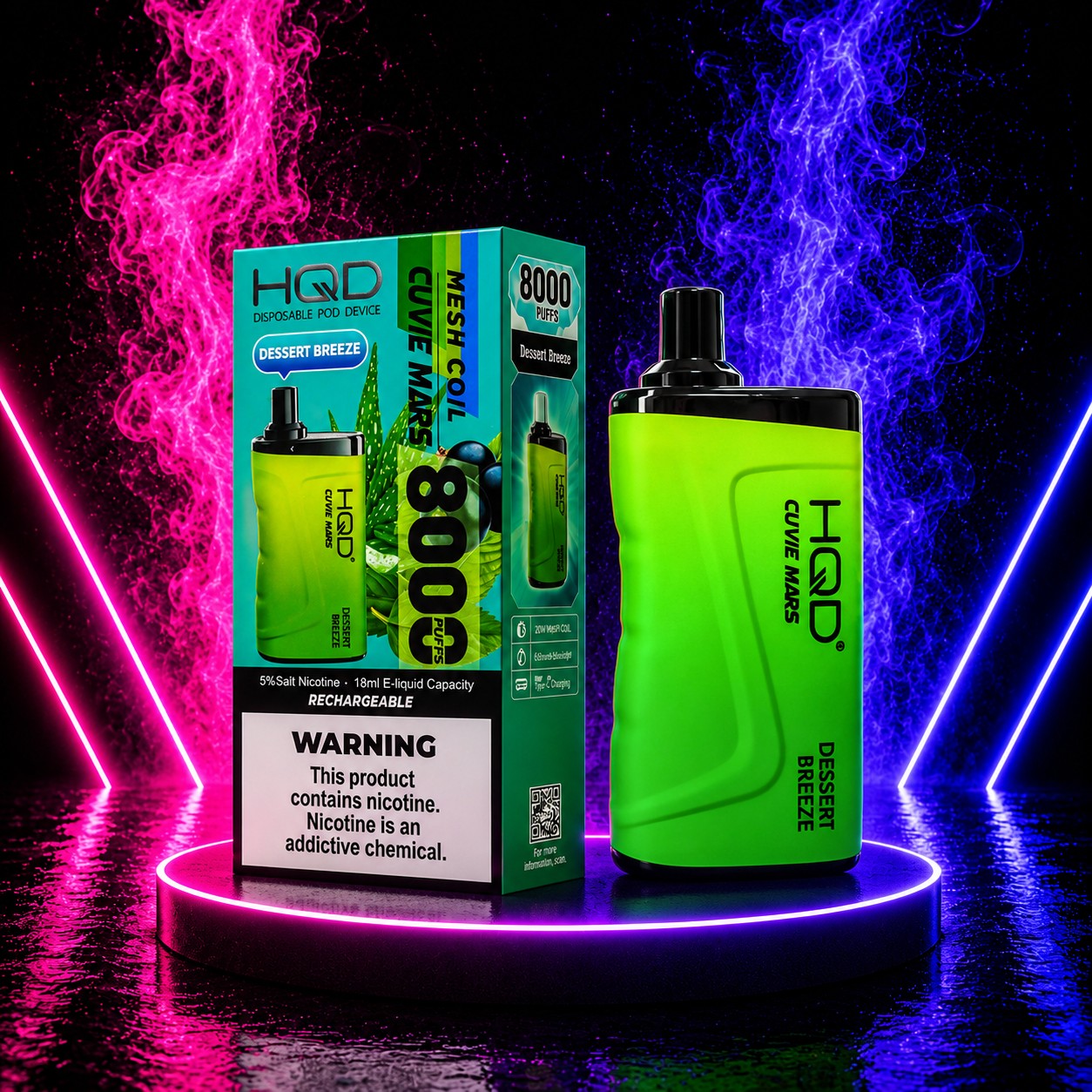 HQD Cuvie Mars 8000 Dessert Breeze disposable vape with rechargeable battery, mesh coil, 8000 puffs, and retail packaging displayed on a neon pink and blue background at Pink Smoke Shop.