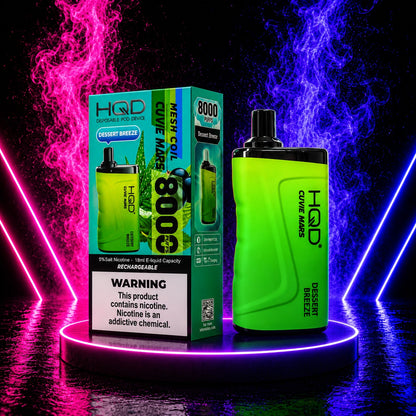 HQD Cuvie Mars 8000 Dessert Breeze disposable vape with rechargeable battery, mesh coil, 8000 puffs, and retail packaging displayed on a neon pink and blue background at Pink Smoke Shop.