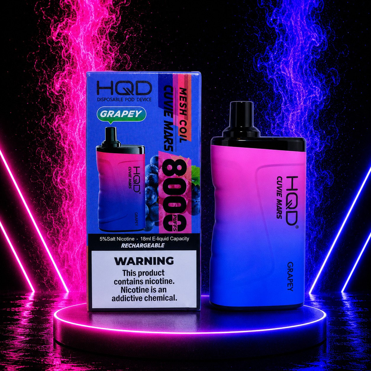 HQD Cuvie Mars 8000 Grapey disposable vape with retail packaging on a premium neon pink and blue background, rechargeable 8000 puffs device.