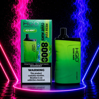 HQD Cuvie Mars 8000 Ice Mint disposable vape with retail packaging on a premium neon pink and blue background, rechargeable 8000 puffs device.