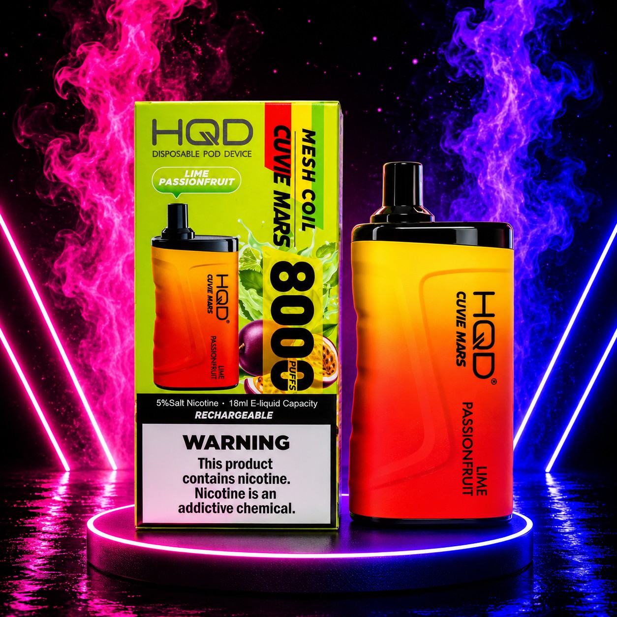 HQD Cuvie Mars 8000 Lime Passionfruit disposable vape with rechargeable battery, mesh coil, 8000 puffs, and retail packaging displayed on a neon pink and blue background at Pink Smoke Shop.
