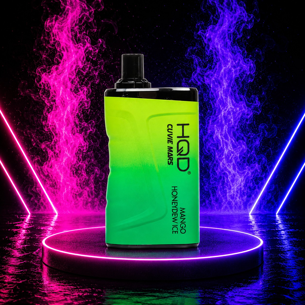 HQD Cuvie Mars 8000 Mango Honeydew Ice disposable vape with rechargeable battery, mesh coil, 8000 puffs, displayed on a neon pink and blue background at Pink Smoke Shop.