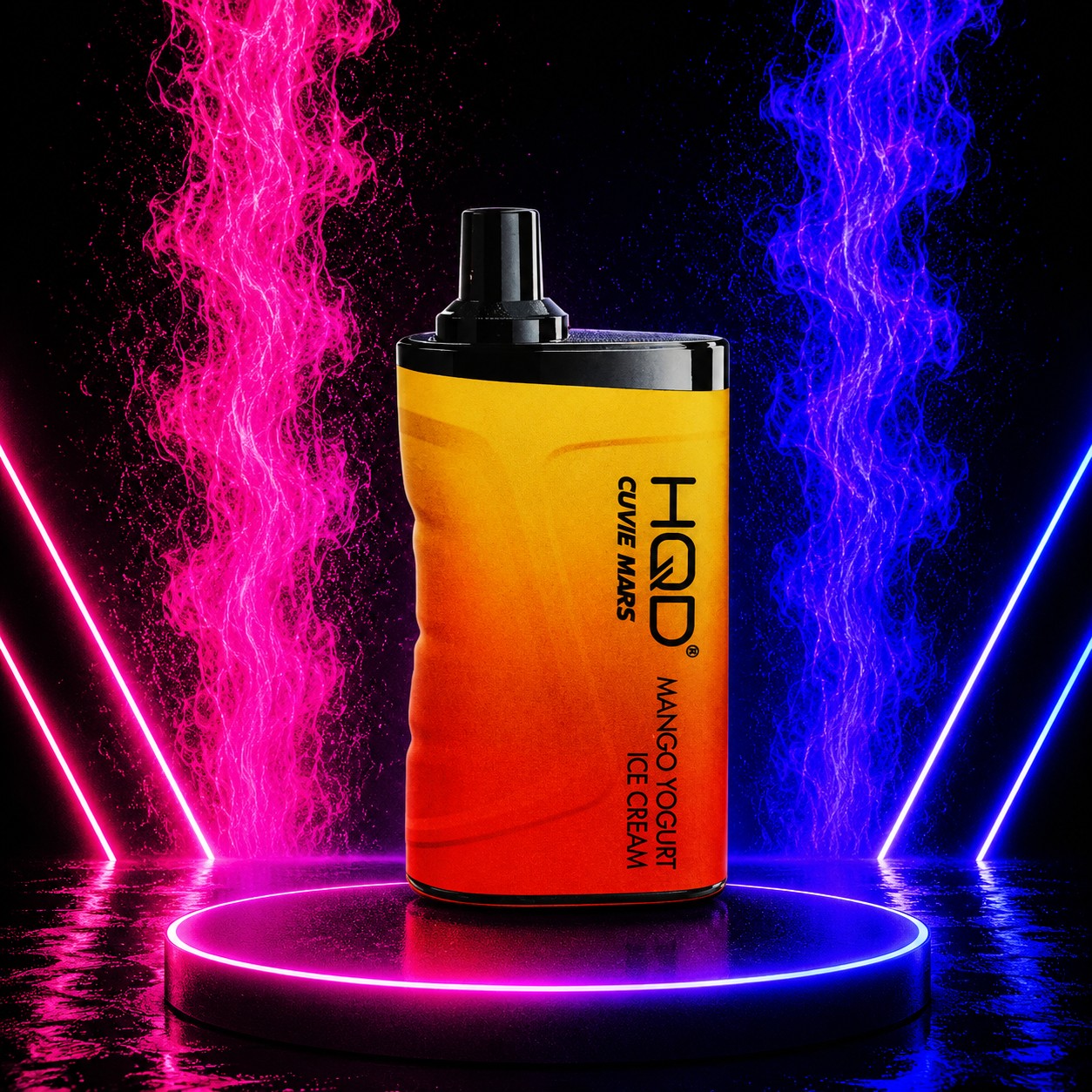 HQD Cuvie Mars 8000 Mango Yogurt Ice Cream disposable vape with premium neon pink and blue background, rechargeable 8000 puffs device.